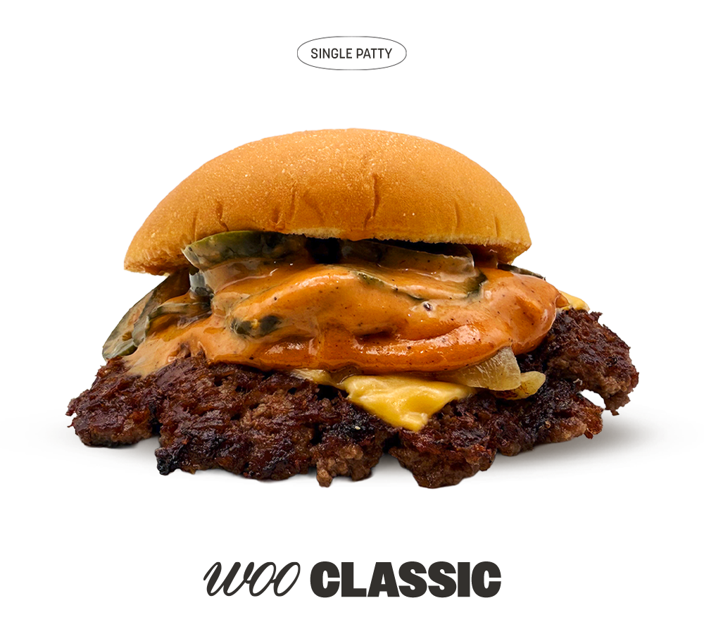 Miso caramelized onion, House pickles, Jalapeños, American cheese, Woo’s signature sauce
