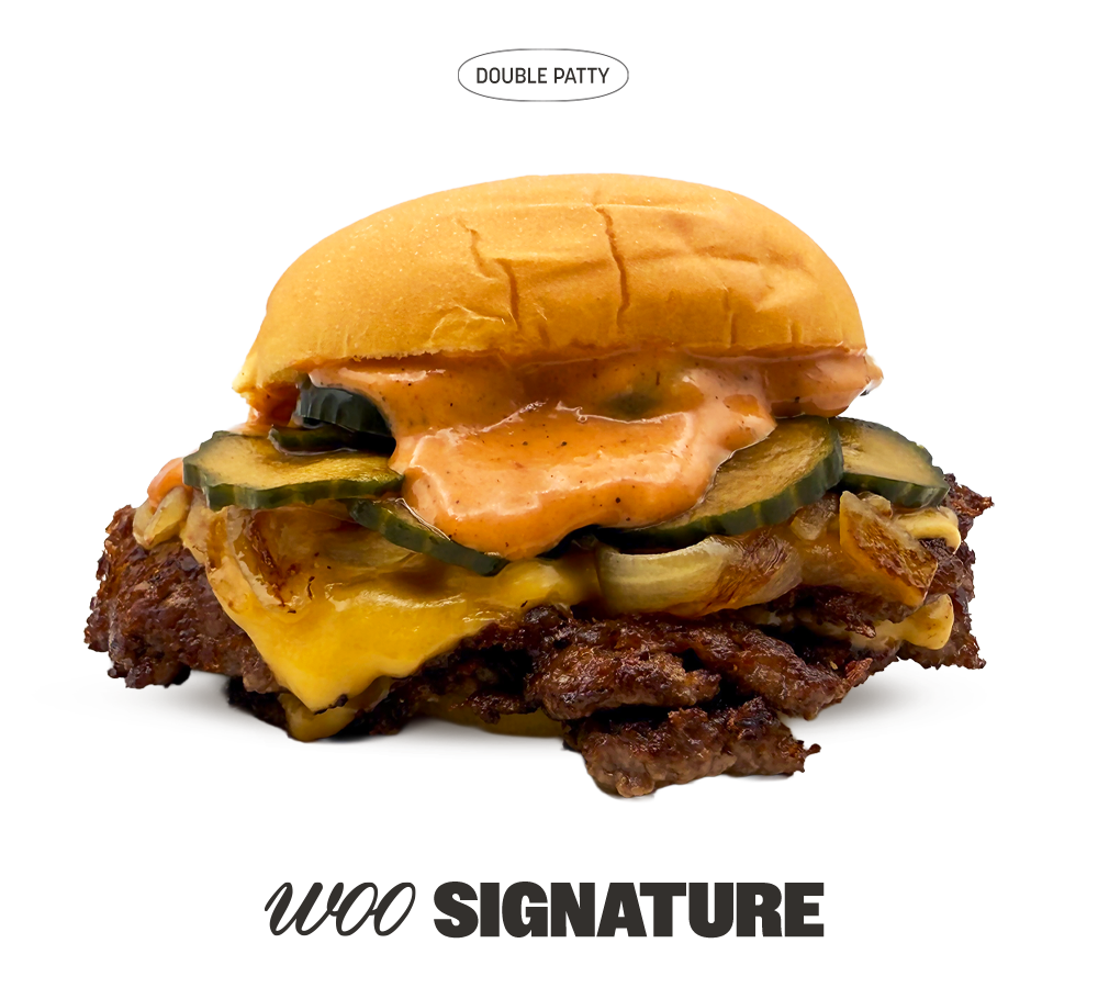 Miso caramelized onion, House pickles, Jalapeños, American cheese, Woo’s signature sauce